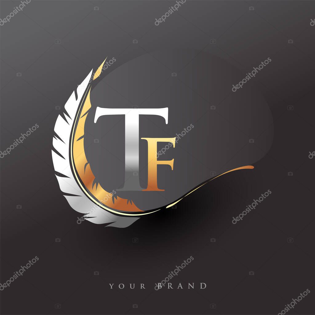 Initial letter TF logo with Feather Gold And Silver Color, Simple and Clean Design For Company Name. Vector Logo for Business and Company.