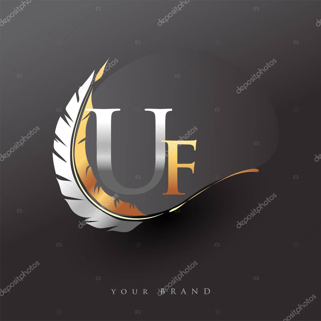 Initial letter UF logo with Feather Gold And Silver Color, Simple and Clean Design For Company Name. Vector Logo for Business and Company.