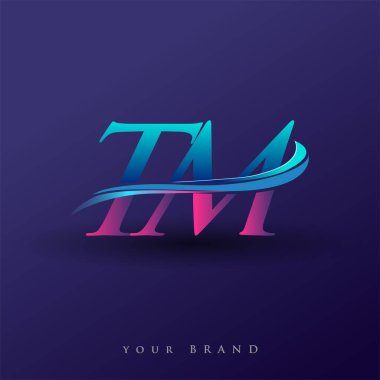 TM 'nin ilk logo şirketi adı mavi ve morumsu renklerde, beyaz arka planda izole edilmiş. iş ve şirket kimliği için vektör logosu.