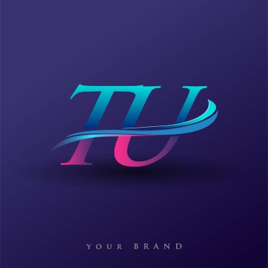 TU 'nun ilk logo şirketi adı mavi ve morumsu renklerde, beyaz arka planda izole edilmiş. iş ve şirket kimliği için vektör logosu.