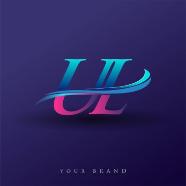 UL 'nin ilk logo şirketi adı mavi ve morumsu renklerde, beyaz arka planda izole edilmiş. iş ve şirket kimliği için vektör logosu.