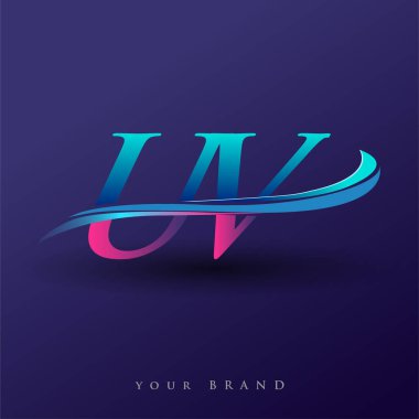 UV 'nin ilk logo şirketi adı mavi ve morumsu renklerde, beyaz arka planda izole edilmiş. iş ve şirket kimliği için vektör logosu.
