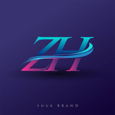ZH 'nin ilk logo şirketi adı mavi ve morumsu renklerde, beyaz arka planda izole edilmiş. iş ve şirket kimliği için vektör logosu.