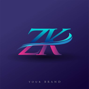 ZK 'nin ilk logo şirketi adı mavi ve morumsu renklerde, beyaz arka planda izole edilmiş. iş ve şirket kimliği için vektör logosu.