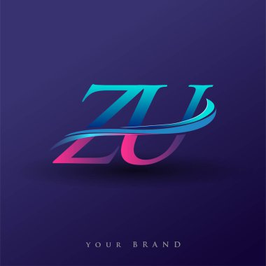 ZU 'nun ilk logo şirketi adı mavi ve morumsu renklerde, beyaz arka planda izole edilmiş. iş ve şirket kimliği için vektör logosu.