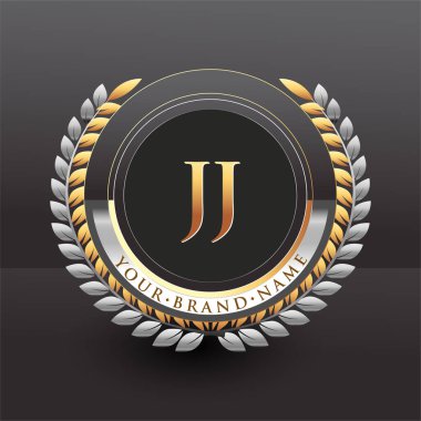 İlk logo harfleri altın ve gümüş renkli JJ defne ve çelenk, iş ve şirket kimliği için vektör logosu..