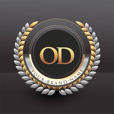 İlk logo harfi aşırı dozda altın ve gümüş renkli defne ve çelenk, iş ve şirket kimliği için vektör logosu..