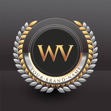 Altın ve gümüş renkli ilk logo harfi WV defne ve çelenk, iş ve şirket kimliği için vektör logosu.