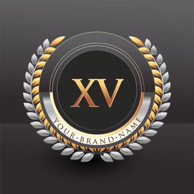 İlk logo harfi XV altın ve gümüş renkli defne ve çelenk, iş ve şirket kimliği için vektör logosu.