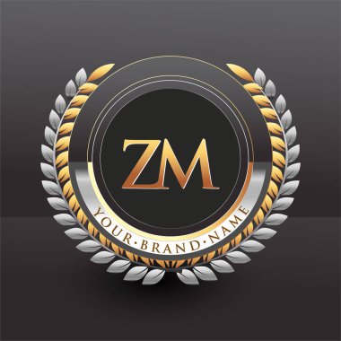 ZM harfinin baş logosu altın ve gümüş renkli defne ve çelenk, iş ve şirket kimliği için vektör logosu..