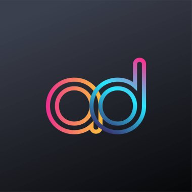 İlk logo AD küçük harf, renkli mavi, turuncu ve pembe, bağlı yuvarlak logo, modern ve basit logo tasarımı.