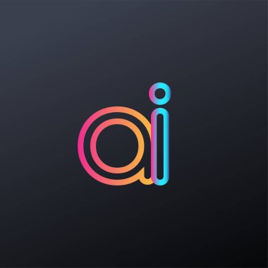 İlk logo AI küçük harf, renkli mavi, turuncu ve pembe, bağlı yuvarlak logo, modern ve basit logo tasarımı.