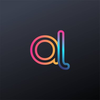 İlk logo AL küçük harf, renkli mavi, turuncu ve pembe, birbirine bağlı yuvarlak logo, modern ve basit logo tasarımı.