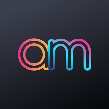 İlk logo AM küçük harf, renkli mavi, turuncu ve pembe, bağlı yuvarlak logo, modern ve basit logo tasarımı.