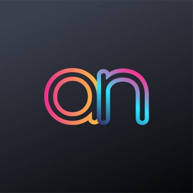İlk logo AN küçük harf, renkli mavi, turuncu ve pembe, bağlı yuvarlak logo, modern ve basit logo tasarımı.