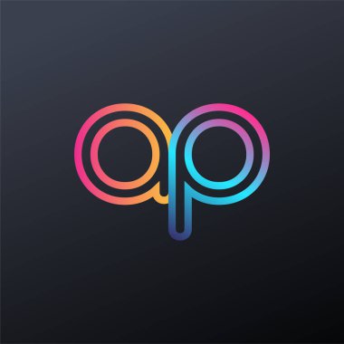 İlk logo AP küçük harf, renkli mavi, turuncu ve pembe, bağlı yuvarlak logo, modern ve basit logo tasarımı.