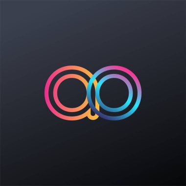İlk logo AO küçük harf, renkli mavi, turuncu ve pembe, bağlı yuvarlak logo, modern ve basit logo tasarımı.