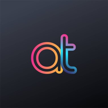 İlk logo AT küçük harf, renkli mavi, turuncu ve pembe, bağlı yuvarlak logo, modern ve basit logo tasarımı.