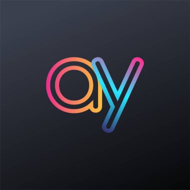 İlk logo AY küçük harf, renkli mavi, turuncu ve pembe, bağlı yuvarlak logo, modern ve basit logo tasarımı.