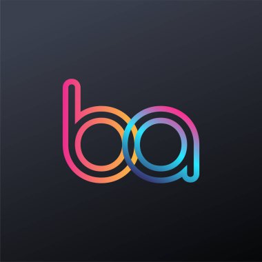 İlk logo BA küçük harf, renkli mavi, turuncu ve pembe, bağlı yuvarlak logo, modern ve basit logo tasarımı.