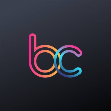 İlk logo BC küçük harf, renkli mavi, turuncu ve pembe, bağlı yuvarlak logo, modern ve basit logo tasarımı.