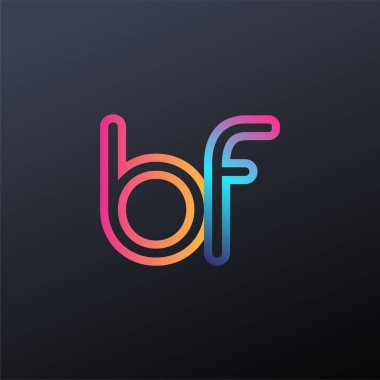 İlk logo BF küçük harf, renkli mavi, turuncu ve pembe, bağlı yuvarlak logo, modern ve basit logo tasarımı.
