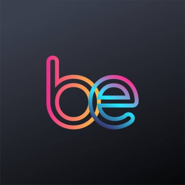 İlk logo BE küçük harf, renkli mavi, turuncu ve pembe, bağlı yuvarlak logo, modern ve basit logo tasarımı.