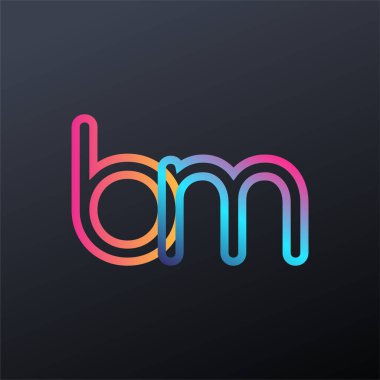 İlk logo BM küçük harf, renkli mavi, turuncu ve pembe, bağlı yuvarlak logo, modern ve basit logo tasarımı.