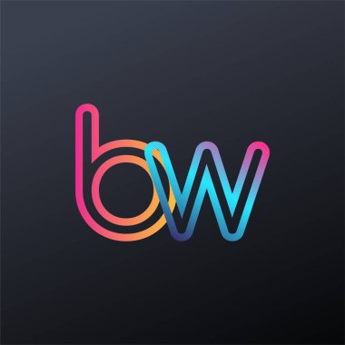 İlk logo BW küçük harf, renkli mavi, turuncu ve pembe, bağlı yuvarlak logo, modern ve basit logo tasarımı.