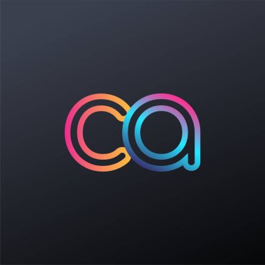 İlk logo CA küçük harf, renkli mavi, turuncu ve pembe, bağlı yuvarlak logo, modern ve basit logo tasarımı.