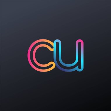 İlk logo CU küçük harf, renkli mavi, turuncu ve pembe, bağlı yuvarlak logo, modern ve basit logo tasarımı.