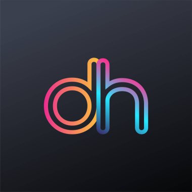 İlk logo DH küçük harf, renkli mavi, turuncu ve pembe, bağlı yuvarlak logo, modern ve basit logo tasarımı.