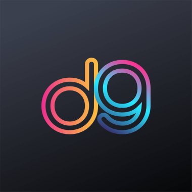 İlk logo DG küçük harf, renkli mavi, turuncu ve pembe, bağlı yuvarlak logo, modern ve basit logo tasarımı.