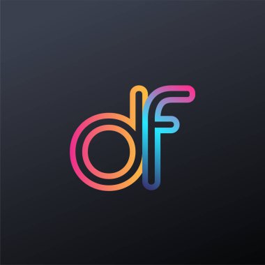 İlk logo DF küçük harf, renkli mavi, turuncu ve pembe, bağlı yuvarlak logo, modern ve basit logo tasarımı.