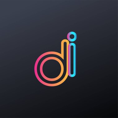 İlk logo DI küçük harf, renkli mavi, turuncu ve pembe, bağlı yuvarlak logo, modern ve basit logo tasarımı.