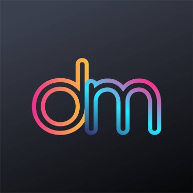 İlk logo DM küçük harf, renkli mavi, turuncu ve pembe, bağlı yuvarlak logo, modern ve basit logo tasarımı.