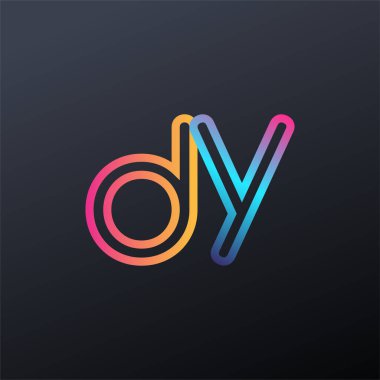 İlk logo DY küçük harf, renkli mavi, turuncu ve pembe, bağlı yuvarlak logo, modern ve basit logo tasarımı.