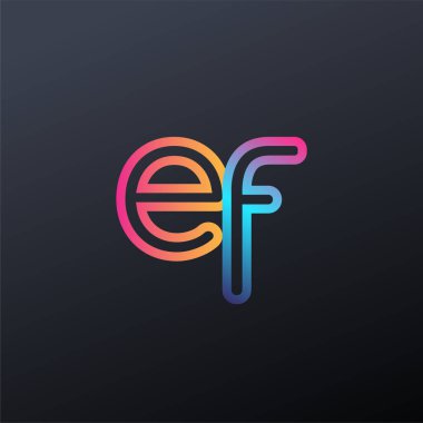 İlk logo EF küçük harf, renkli mavi, turuncu ve pembe, bağlı yuvarlak logo, modern ve basit logo tasarımı.