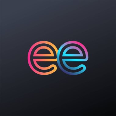İlk logo EE küçük harf, renkli mavi, turuncu ve pembe, bağlı yuvarlak logo, modern ve basit logo tasarımı.