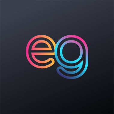 İlk logo EG küçük harf, renkli mavi, turuncu ve pembe, bağlı yuvarlak logo, modern ve basit logo tasarımı.