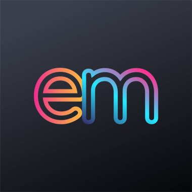 İlk logo EM küçük harf, renkli mavi, turuncu ve pembe, birbirine bağlı yuvarlak logo, modern ve basit logo tasarımı.