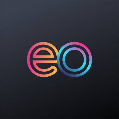İlk logo EO küçük harf, renkli mavi, turuncu ve pembe, bağlı yuvarlak logo, modern ve basit logo tasarımı.