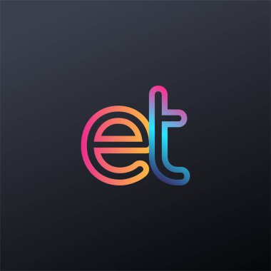 İlk logo ET küçük harf, renkli mavi, turuncu ve pembe, bağlı yuvarlak logo, modern ve basit logo tasarımı.
