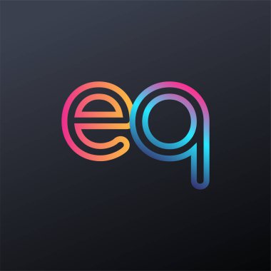 İlk logo EQ küçük harf, renkli mavi, turuncu ve pembe, bağlı yuvarlak logo, modern ve basit logo tasarımı.
