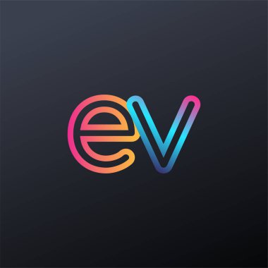 İlk logo EV küçük harf, renkli mavi, turuncu ve pembe, birbirine bağlı yuvarlak logo, modern ve basit logo tasarımı.