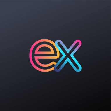 İlk logo EX küçük harf, renkli mavi, turuncu ve pembe, bağlı yuvarlak logo, modern ve basit logo tasarımı.