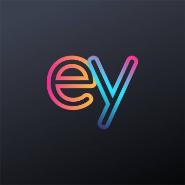 İlk logo EY küçük harf, renkli mavi, turuncu ve pembe, bağlı yuvarlak logo, modern ve basit logo tasarımı.