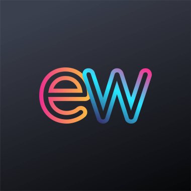 İlk logo EW küçük harf, renkli mavi, turuncu ve pembe, birbirine bağlı yuvarlak logo, modern ve basit logo tasarımı.