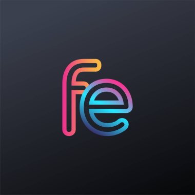 İlk logo FE küçük harf, renkli mavi, turuncu ve pembe, bağlı yuvarlak logo, modern ve basit logo tasarımı.