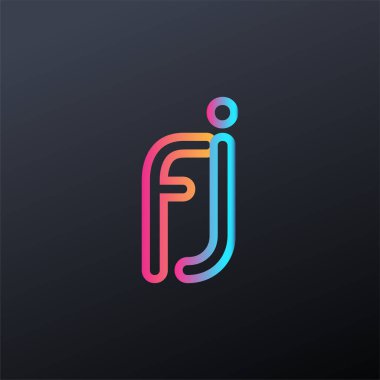 İlk logo FJ küçük harf, renkli mavi, turuncu ve pembe, birbirine bağlı yuvarlak logo, modern ve basit logo tasarımı.